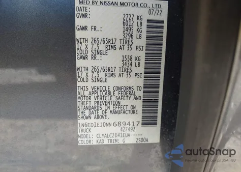 2022 Nissan Frontier Sv 4X2 z USA, uszkodzony, nr VIN 1N6ED1EJ0NN689417